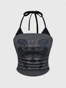 ROMWE Grunge Punk Plus Size Women Casual Sexy Halter Skeleton Contrast Color Tank Top