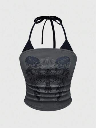 Grunge Punk Blusa holgada sexy de talla grande para mujer con cuello halter y diseño de esqueleto en contraste de color