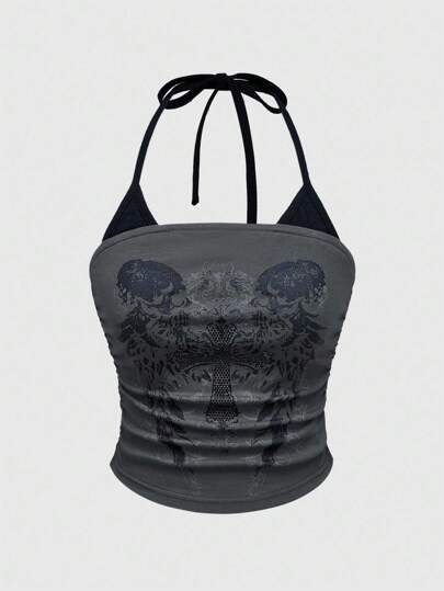 Grunge Punk Canotta casual e sexy con colore a contrasto e motivo scheletro, per taglie forti donne