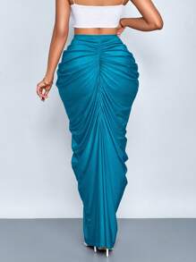 SOLERSUN Women's Fashion Solid Color Gathered Ruched Skirt - Teal Blue - View 2