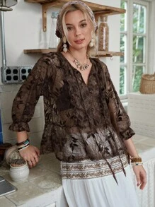 LanaWest Women's Boho Lace Snap Front Fitted Shirt - Brown - View 3