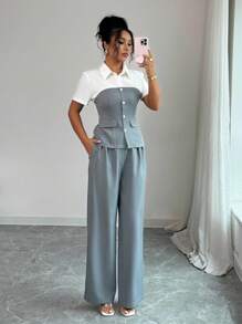 Elenzga 2件套女士成熟优雅拼色衬衫和阔腿裤套装 - 灰色 - 查看 1