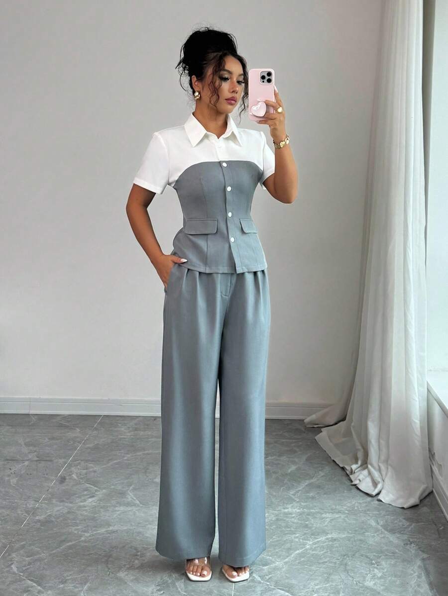 Elenzga 2件套女士成熟优雅拼色衬衫和阔腿裤套装 - 灰色 - 查看 1