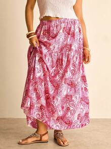 Freevana Plus Size Women's Paisley Print Elastic Waist Skirt, Vacation Style, Spring/Summer Boho Skirt Paisley Skirt Long Summer Skirt Hippie Skirt Vacation Skirt