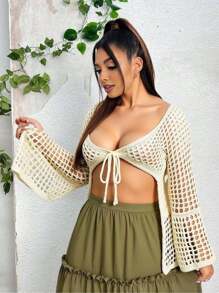 ROMWE Plus Size Vintage Hollow Out Lace-Up Backless Knitted Cardigan, Vacation Style - Apricot - View 2