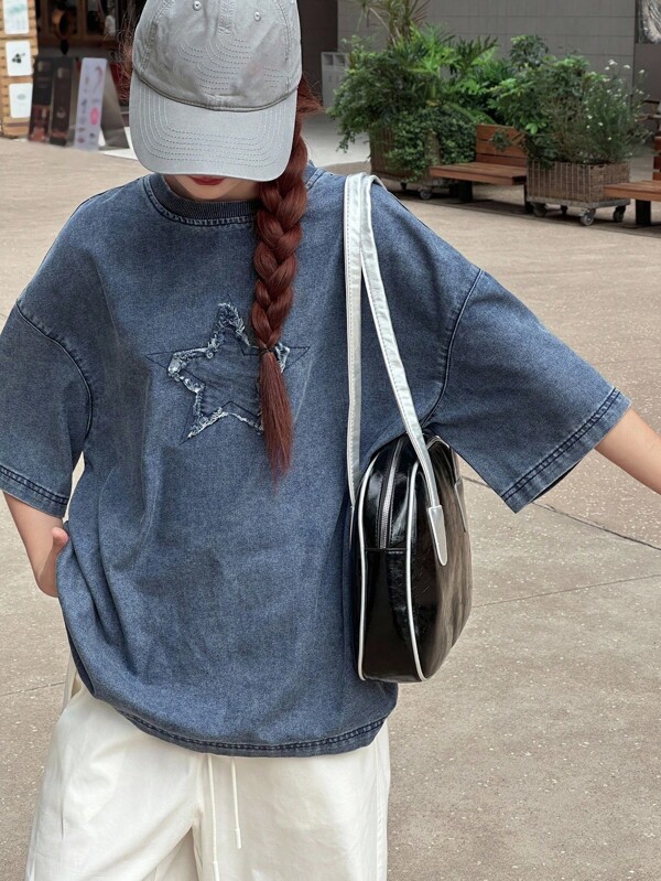 Dazy Kids Camisa vaquera de corte suelto con estampado de estrella para uso casual diario de niñas adolescentes