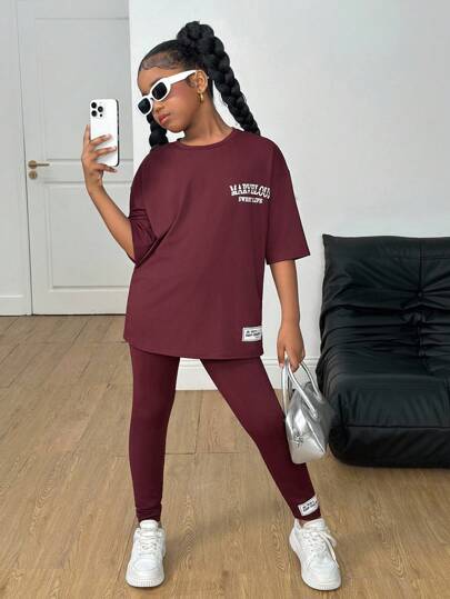 SHEIN Tween Girls Printed Patch Loose T-Shirt & Leggings 2 Pieces Set, Casual Fashion Matching Outfit Teen 2 Piece Set Girls 2 Piece Outfit Casual Two Piece Set Kids Casual Outfit Back To School Outfit