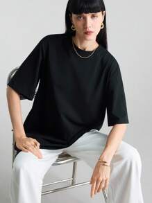 Ontre 2025 年夏季新款超大码黑色圆领短袖 T 恤，女士休闲日常针织 T 恤，度假 - 黑色 - 查看 1