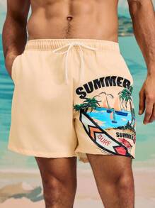 Manfinity KASUA Men's Elastic Waist Drawstring Loose Casual Palm Tree Print Beach Shorts - Pink - View 6