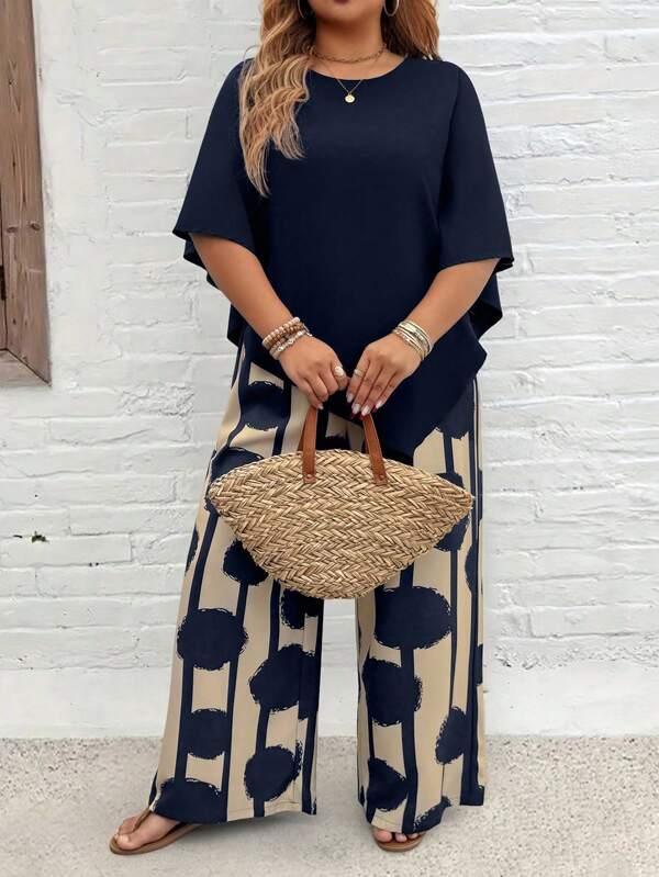 EMERY ROSE Plus Size Vacation Casual Solid Color Shirt And Striped Circle Print Pants Set