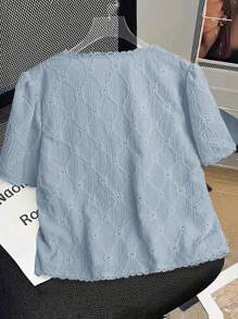 SHEIN Clasi Áo cánh tay ngắn cổ chữ V thêu đơn giản cỡ lớn dành cho nữ, thích hợp để đi làm - Màu xanh lam - Xem 2