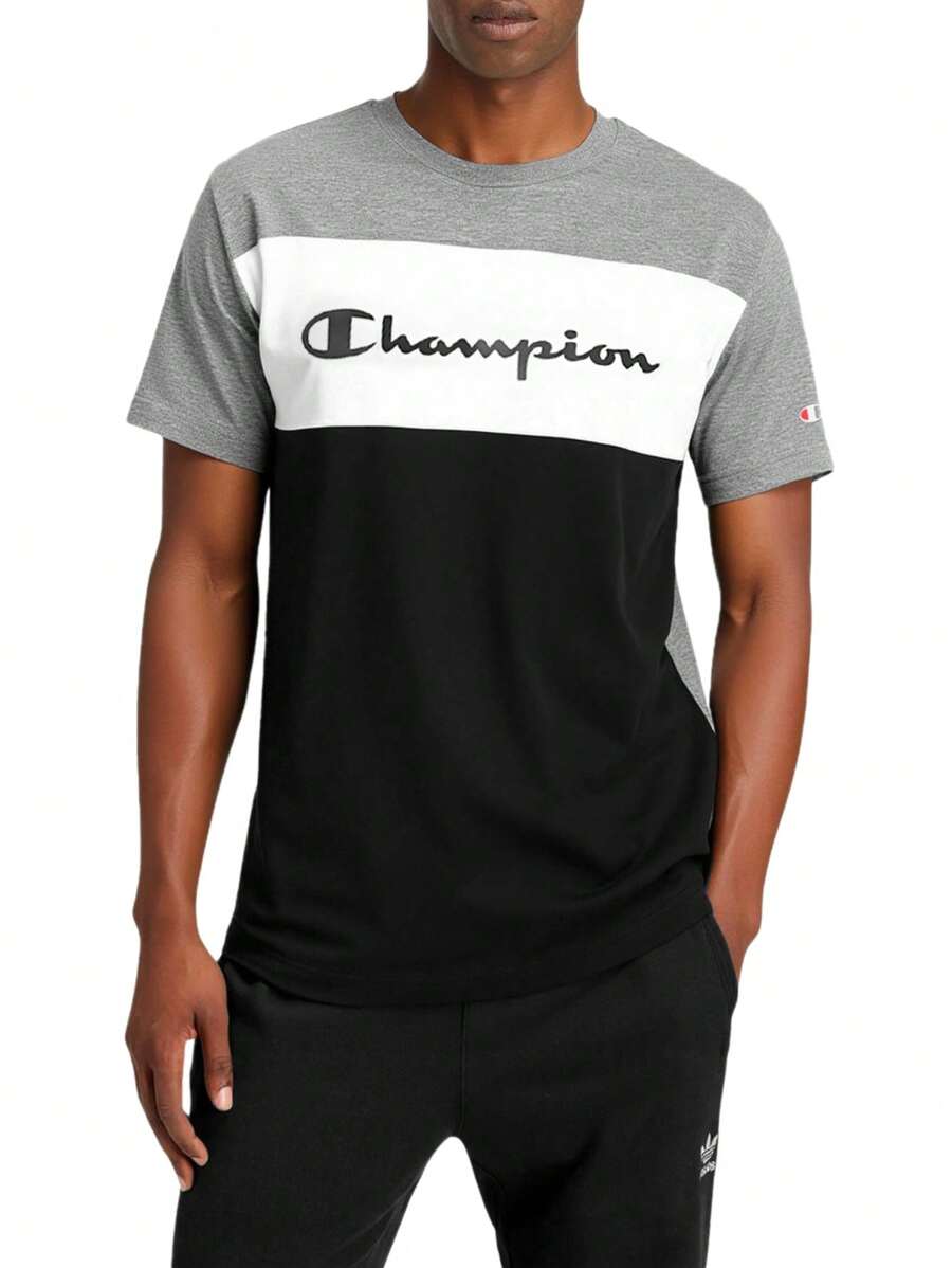 Champion 夏季男士休闲拼色字母图案印花短袖T恤 - Black and Grey - 查看 1