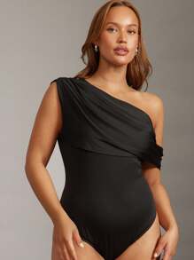 Hauture Plus Fallen One Shoulder Bodysuit Simple Fashion Daily Casual - Black - View 4