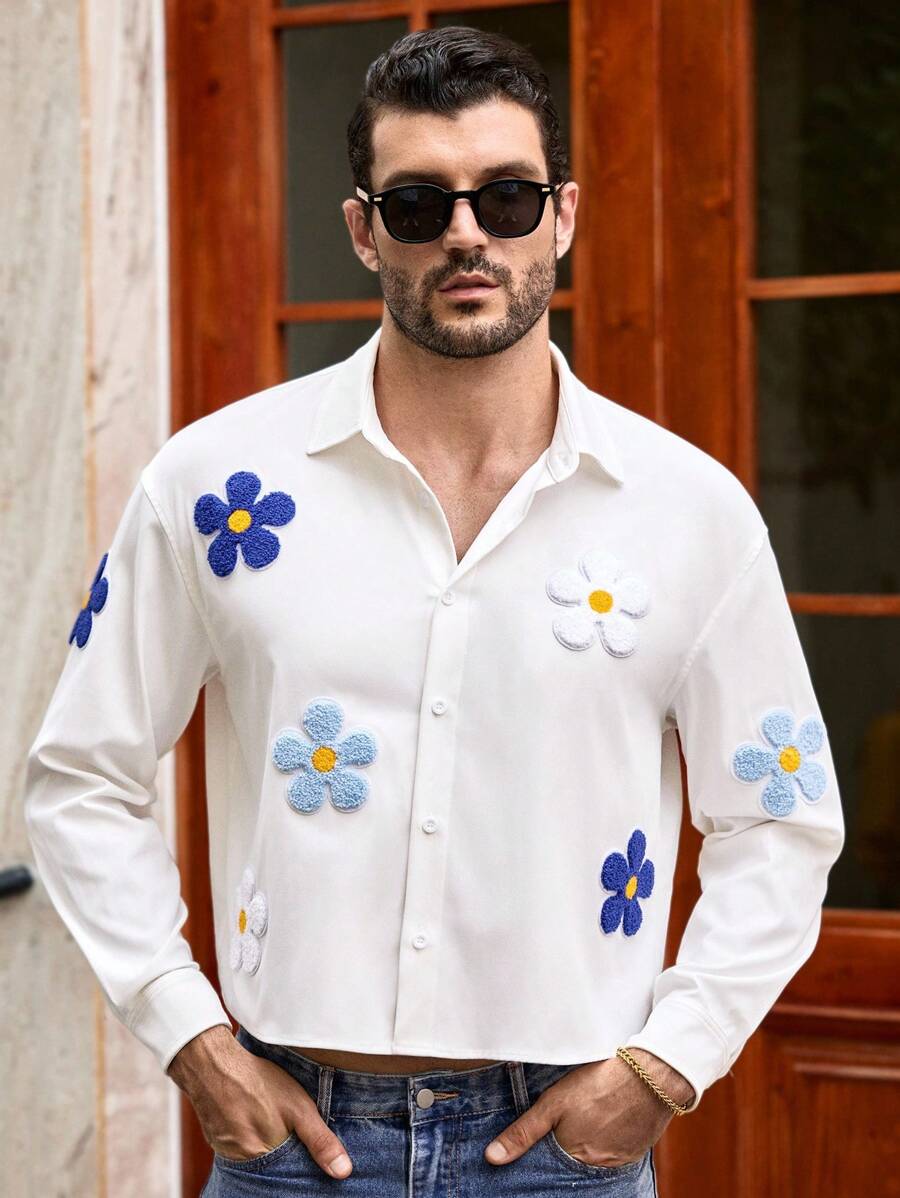 Manfinity VCAY Camisa de manga corta holgada y casual de uso diario con estampado floral para hombres, camisa floral para hombres, camisa floral blanca para hombres