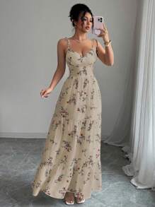 Elenzga Váy hoa không tay nhỏ nhắn dành cho nữ - Màu Khaki - Xem 1