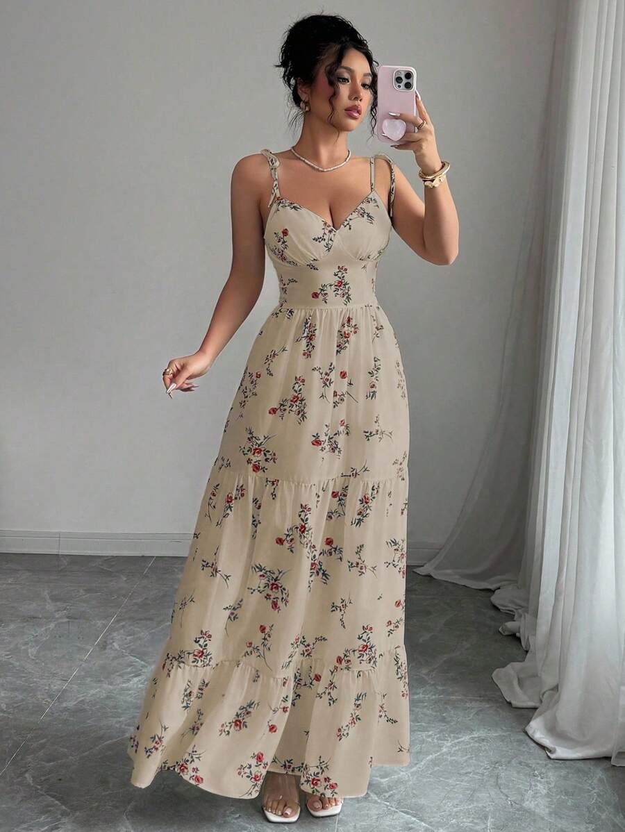 Elenzga Váy hoa không tay nhỏ nhắn dành cho nữ - Màu Khaki - Xem 1