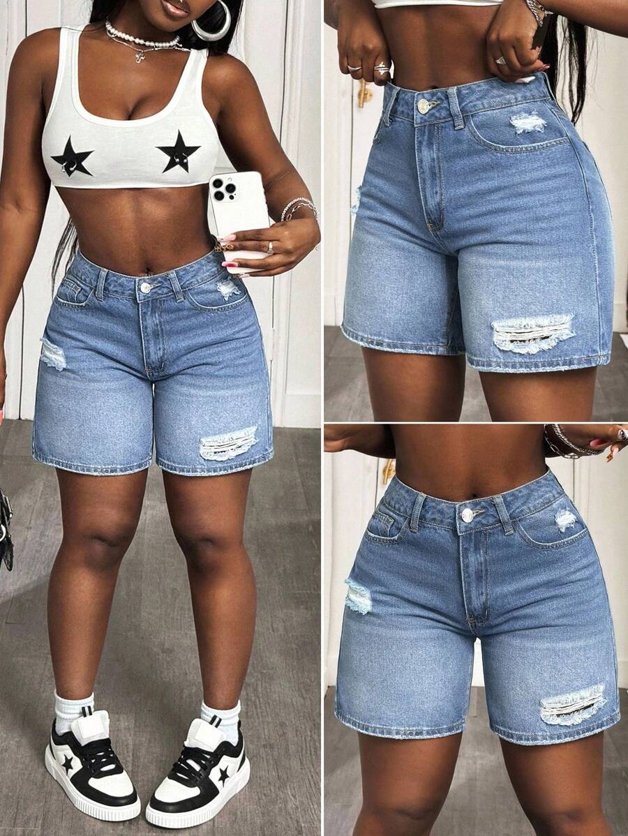 Slaydiva Women's High Waist Blue Ripped Casual Denim Shorts - Light Wash - View 1