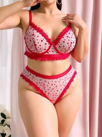 Kawaii Set de ropa interior de tallas grandes con encaje y parches de malla, con aros, para el Día de San Valentín
