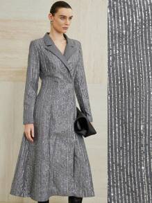 Aveloria Modichic 欧美新款派对富家女高端优雅钉珠面料西装领收腰修身垫肩前开长袖连衣裙 - 灰色 - 查看 2