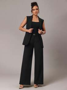 Silquee 女士纯色休闲宽松直筒夏季长裤 - 黑色 - 查看 2