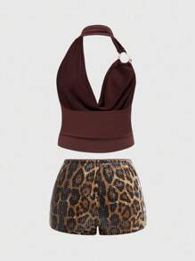 ROMWE Grunge Punk Y2K 节日性感套装：加大码低胸背心和豹纹亮片迷你短裤 - 棕色 - 查看 2