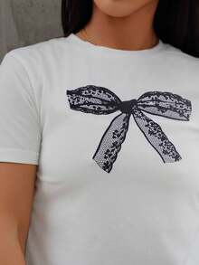 SAYEHFBABY Sommer Lässig schwarzes Spitzen Schmetterling Muster weiß Rundausschnitt Kurzarm Slim Fit Damen T-Shirt