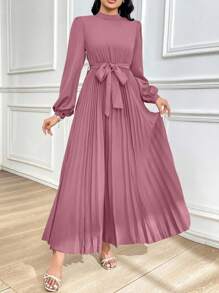 Modelyn Mock Neck Long Lantern Sleeve Pleated Hem Belted Modest Dress Long Evening Dresses - Pink - View 7