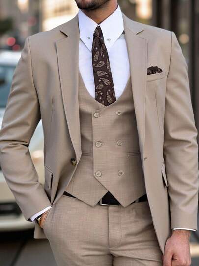 Manfinity Mode Men's Khaki Woven Fabric With Regular Fit Long Sleeve Lapel Blazer,Gift For Boyfriend/Husband.