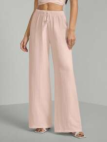 SHEIN Tall Loose Drawstring Waist Trousers In Textured Crinkle Fabric Pink Pants