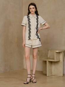 MOTF PREMIUM เสื้อเชิ้ตกระดุมผ้าลูกไม้แบบเส้นโค้งปรับสีคอนทราสต์ - สีแอปริคอท - ดู 4