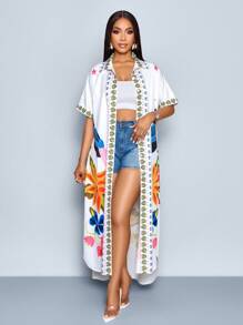 SOLERSUN Women's Elegant Hot Selling Fashion Autumn Tropical Floral Print Design Casual/Commuter Ladies Batwing Sleeve Blouse With Front Buttons, A-Line Loose High-Low Hem Blouse - White - View 4