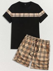 Manfinity BRENVOR Áo thun nam tay ngắn họa tiết kẻ caro & quần short cạp rút, trang phục mùa hè cổ điển, trang phục ấm áp - Nhiều màu - Xem 3