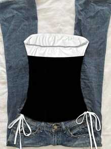 Attitoon Back To School, Black & White Striped, Retro Baby Girl Pattern, Punk Rock Style, Y2K Punk Hottie, Suitable For Music Festivals, Beach, Summer Miami Girl Tie-Front Crop Top Baby Girl Striped Tube Top Women Summer Top Beach Y2k Fashion,Back To School Goth Suitable For Going Out - Black and White - View 2