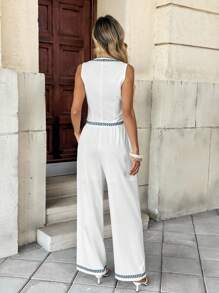 INAWLY Top col en V et bas larges détendus pour tenue de loisirs en extérieur - Blanc - Voir 2