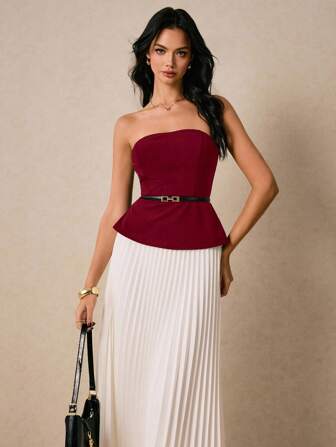 Poéselle 2件套女士优雅纯色抹胸和百褶中裙套装