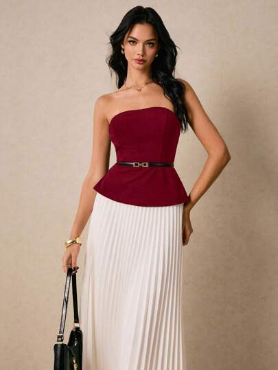 Poéselle 2件套女士优雅纯色抹胸和百褶中裙套装