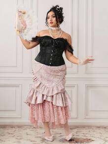 ROMWE EDITION Gonna stile vintage romantico a sirena per taglie forti da donna, in tessuto jacquard con catena di perle e rifiniture in pizzo - Rosa - Visualizzare 7