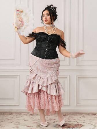 ROMWE EDITION Falda de sirena vintage romántica para mujer talla grande, de tela de jacquard con cadena de perlas y adornos de encaje
