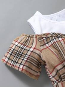 SHEIN 年轻女孩不对称格子拼接短袖休闲连衣裙，度假，夏季，旅行