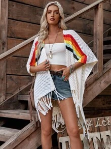 LanaWest Cardigan Casual Feminino de Tricô Aberto Fino com Listras Arco-íris e Vazado - Damasco - Visão 7