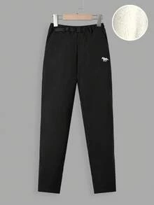 SHEIN Pantaloni dritti per ragazzi pre-adolescenti, con stampa del logo del cavallo, vita con bottoni e fodera termica