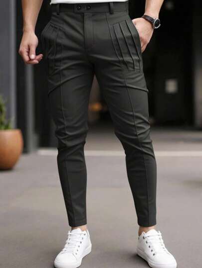 Manfinity Mode بنطلون بدلة رسمية للرجال مطوي، بنطلون ضيق مستقيم الساق، بنطلون رسمي رمادي متعدد الاستخدامات