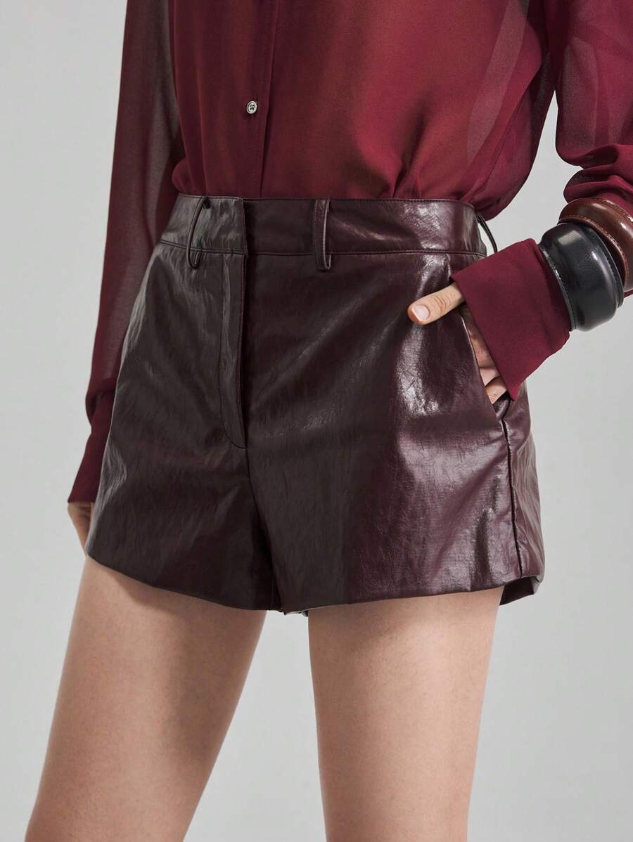 Ontre 极简优雅拼接2025新款女士短裤，酒红色，PU材质，低腰，休闲/商务，秋季日常服饰，优雅短裤