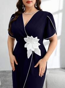 Modelyn Vestido ajustado elegante de talle alto con cuello en V para mujer de talla grande