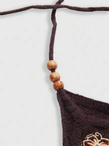 ROMWE Fairycore Áo hở vai không tay thắt nơ thêu hoa thực vật gợi cảm màu be đi biển cho nữ - màu nâu - Xem 3