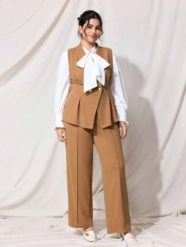 SHEIN MOD Plus Size Brown Retro Plus Size Sleeve Fitted Vest & Straight Leg Pants 2 Pieces Set,Elegant,Two Piece Set Women,Mocha Brown