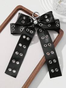 ROMWE Grunge Punk 1pc Y2K Style Retro Punk Chic High-End Black Leather Double-Row Hollow Air Hole Faux Pearl Bow DIY Keychain Bag Pendant, Suitable For Women Girls Everyday Wear, Holiday Gift - Black - View 6