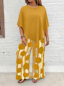 EMERY ROSE Plus Size Vacation Casual Solid Shirt And Striped Circle Print Pants Set - Multicolor - View 5