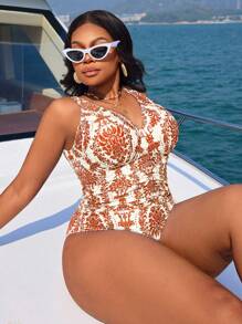 SHEIN Swim Curve Plus Size 1-Piece Swimsuit, Random Multi-Color Prints, Casual, Bohemian Style, Women Summer Beach Outfit - Multicolor - View 3