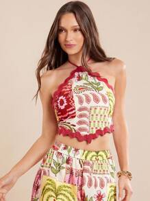 L'Amorae Top halter sin espalda con detalles de ribete ondulado, estampado tropical para vacaciones de primavera y verano